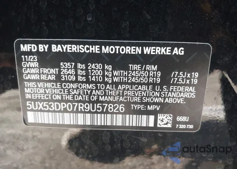 2024 BMW X3 xDrive30I из США, поврежденный, VIN 5UX53DP07R9U57826